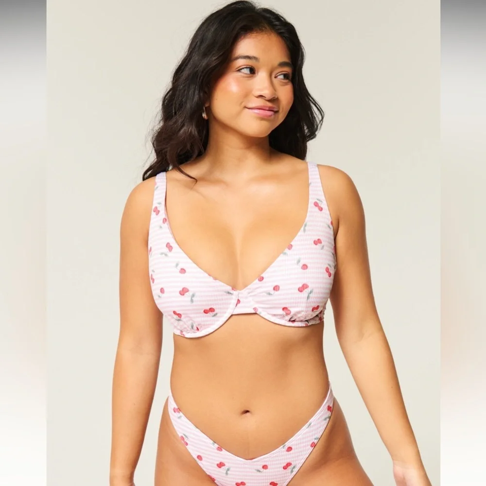Hollister Pink White Striped Cherry Print Bikini Set